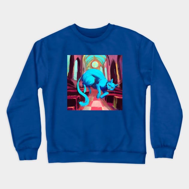 Psychic Blue Cat Levitates in Church Crewneck Sweatshirt by Star Scrunch